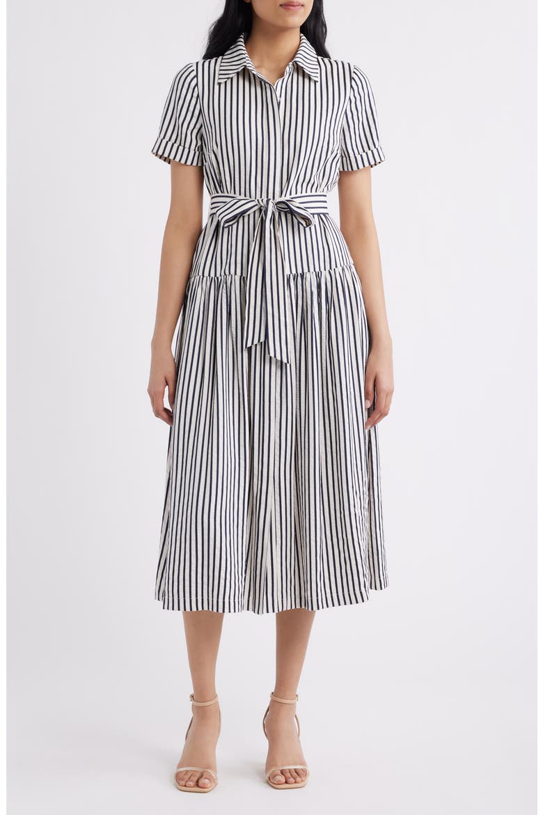 Stripe Tie Waist Midi Shirtdress, Main, color, IVORY BLACK