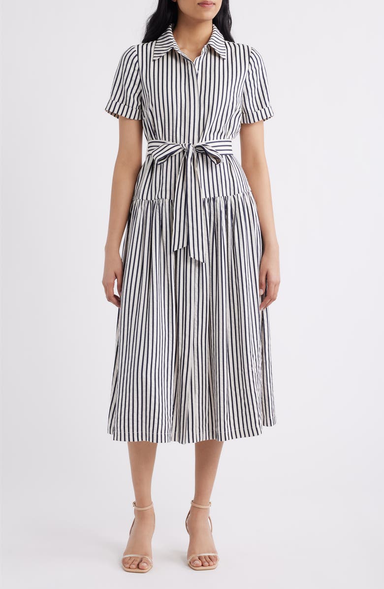Julia Jordan Stripe Tie Waist Midi Shirtdress, Main, color, Ivory Black