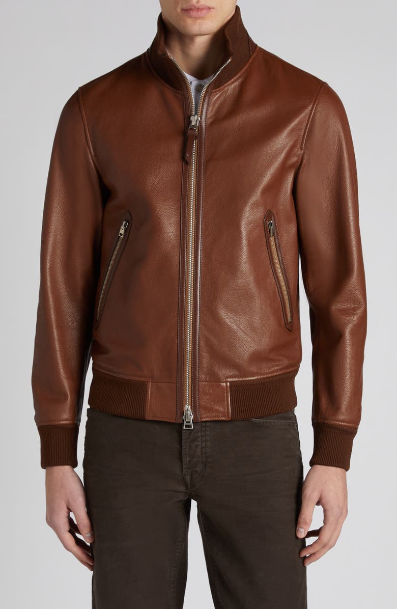 TOM FORD Tumbled Leather Track Bomber Jacket, Main, color, Kb292 Tan