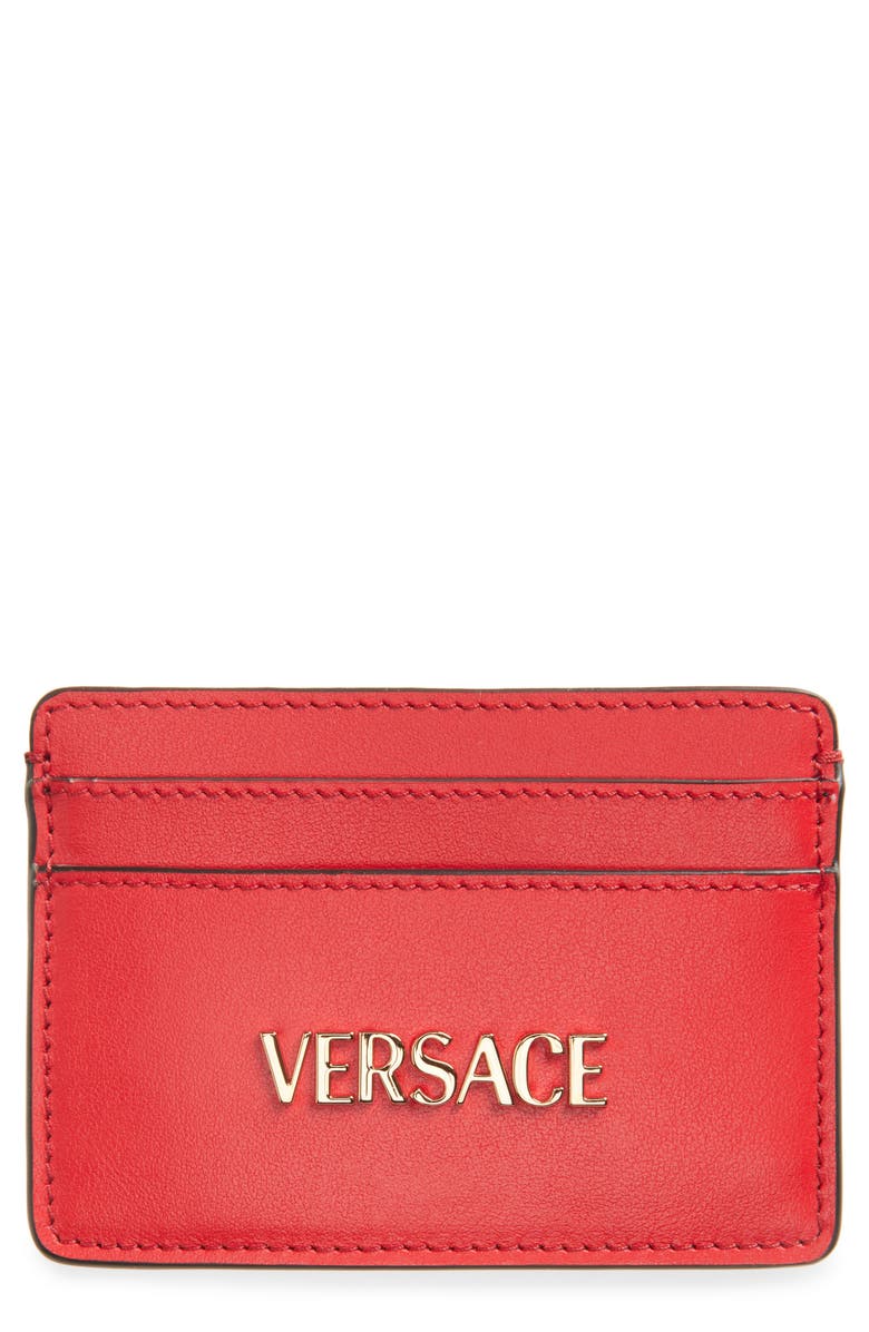 Versace Logo Leather Card Case, Main, color, Red Versace Gold