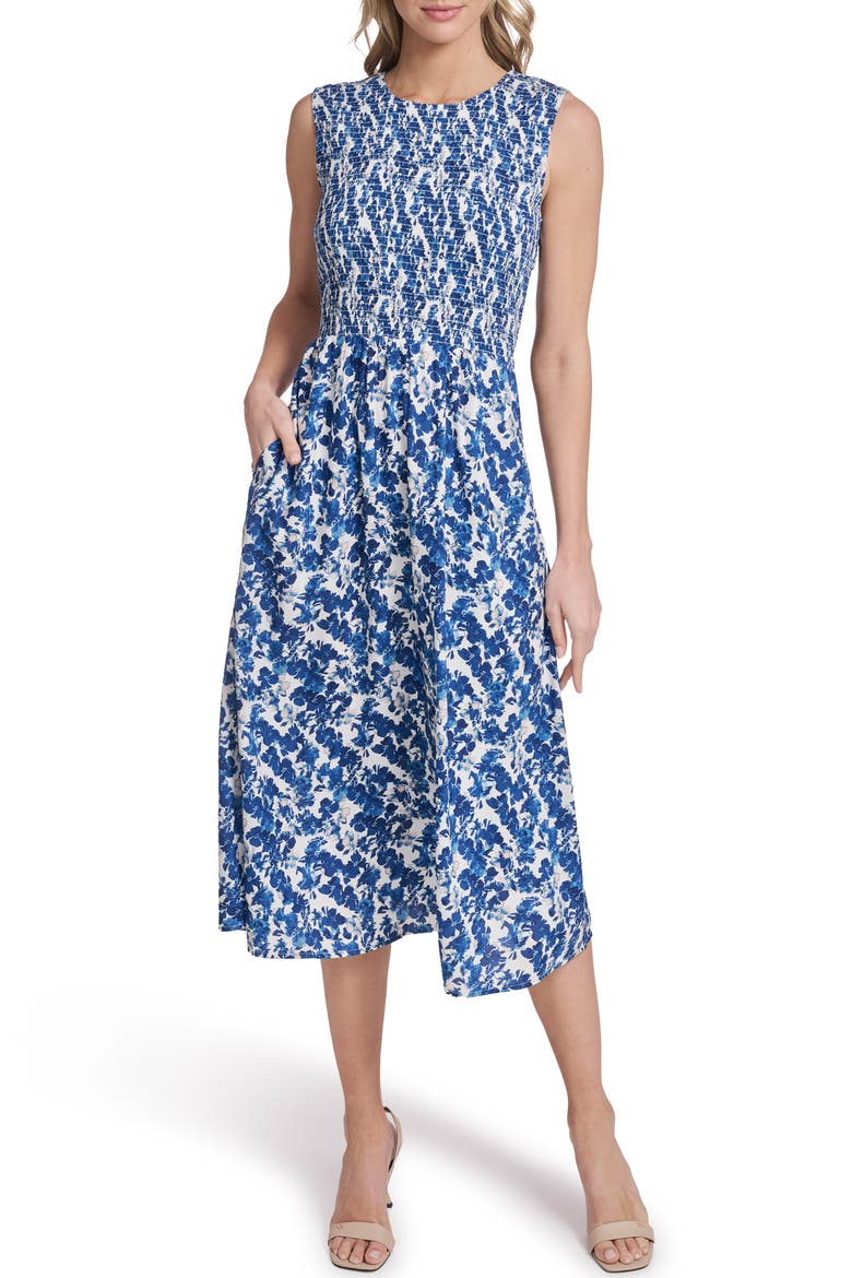 Floral Sleeveless Smocked Midi Dress, Main, color, WHITE/BLUE