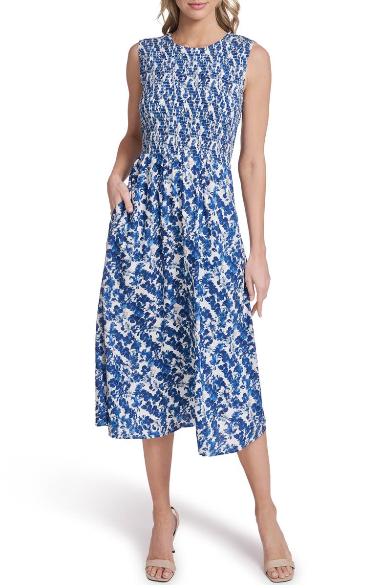 Calvin Klein Floral Sleeveless Smocked Midi Dress, Main, color, White/Blue
