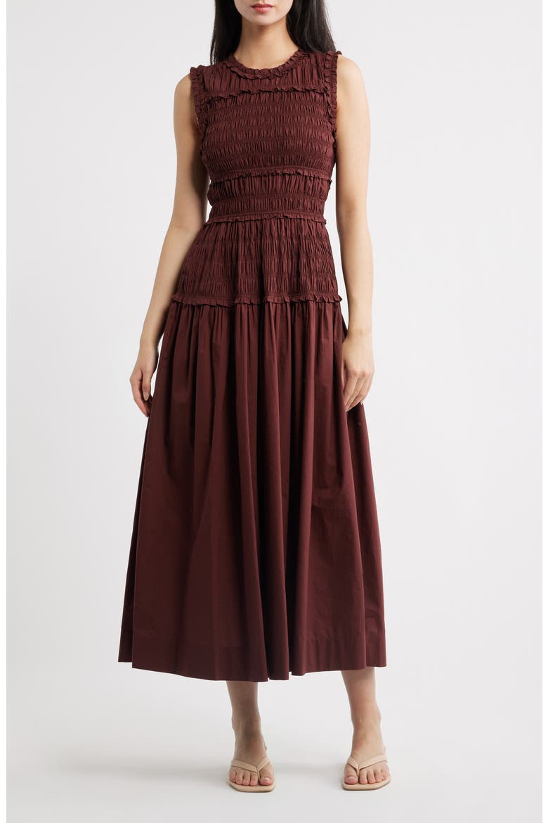 Mallory Smocked Organic Cotton Midi Dress, Main, color, DAHLIA