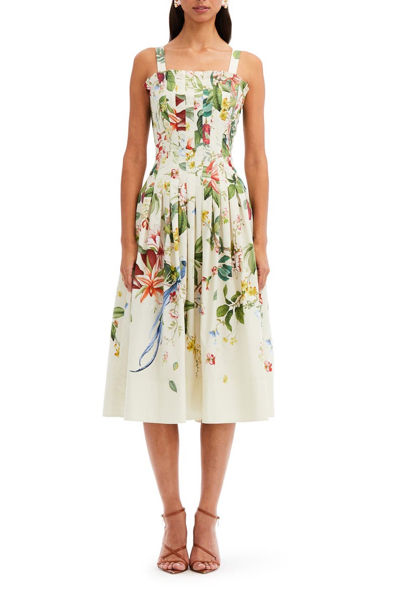 Floral Print Pleated Stretch Cotton Sundress, Main, color, ECRU MULTI
