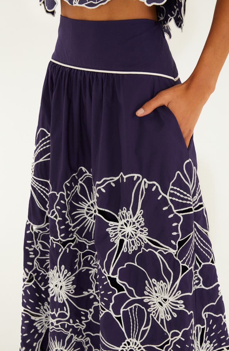 FARM Rio Flowers Richelieu Cotton Midi Skirt, Alternate, color, Blue
