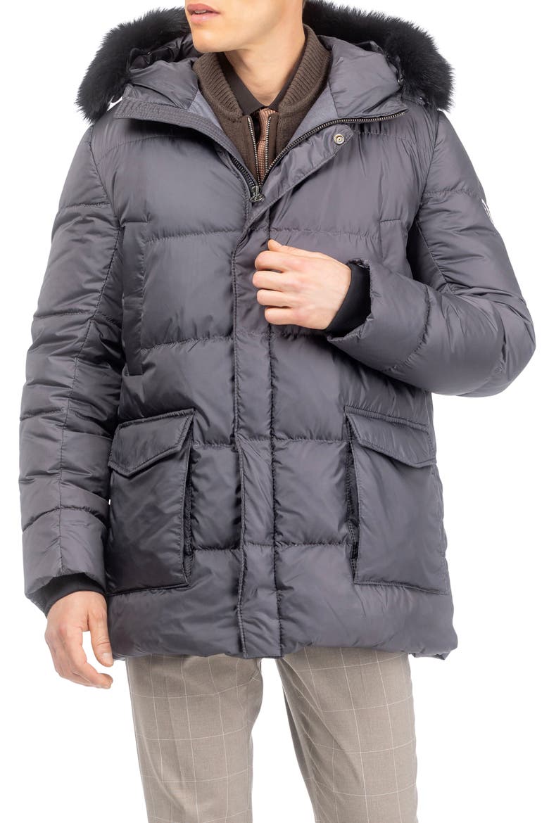 Mens Apres-Ski Jacket with Detachable Genuine Shearling Hood Trim, Alternate, color, ANTHRACITE/BLACK