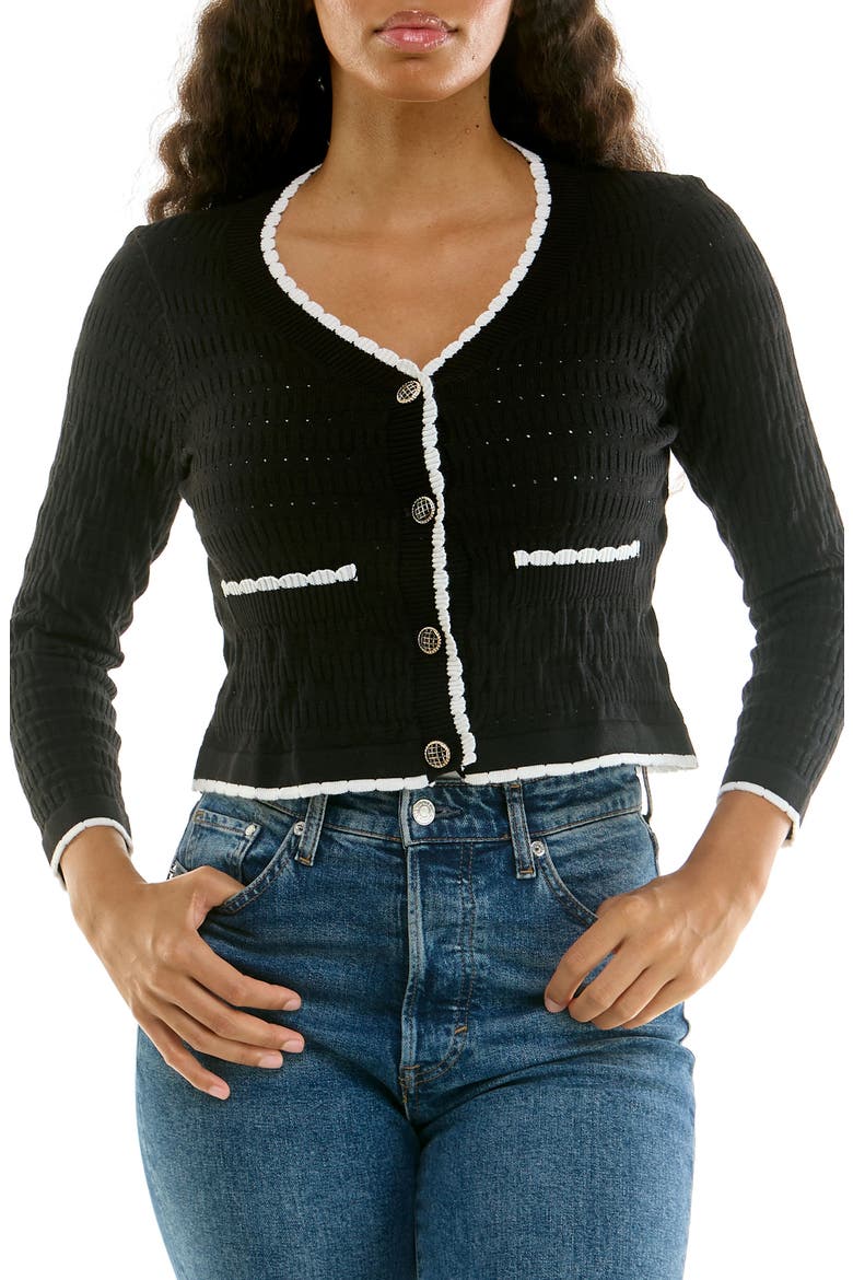 Scallop Trim Cardigan Sweater, Main, color, BLACK/ WHITE