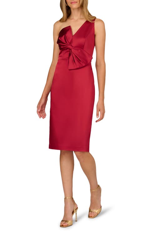 Bow Detail One-Shoulder Satin Cocktail Sheath Dress
