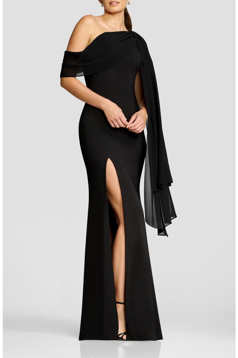 Sera One-Shoulder Cape Gown, Alternate, color, BLACK