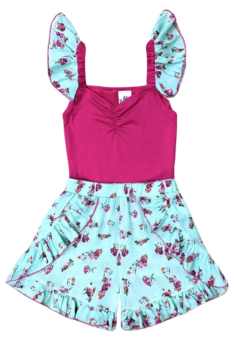 Mia Belle Girls Girls Fuchsia Floral Ruffle Top and Mint Blossom Shorts Set, Main, color, 