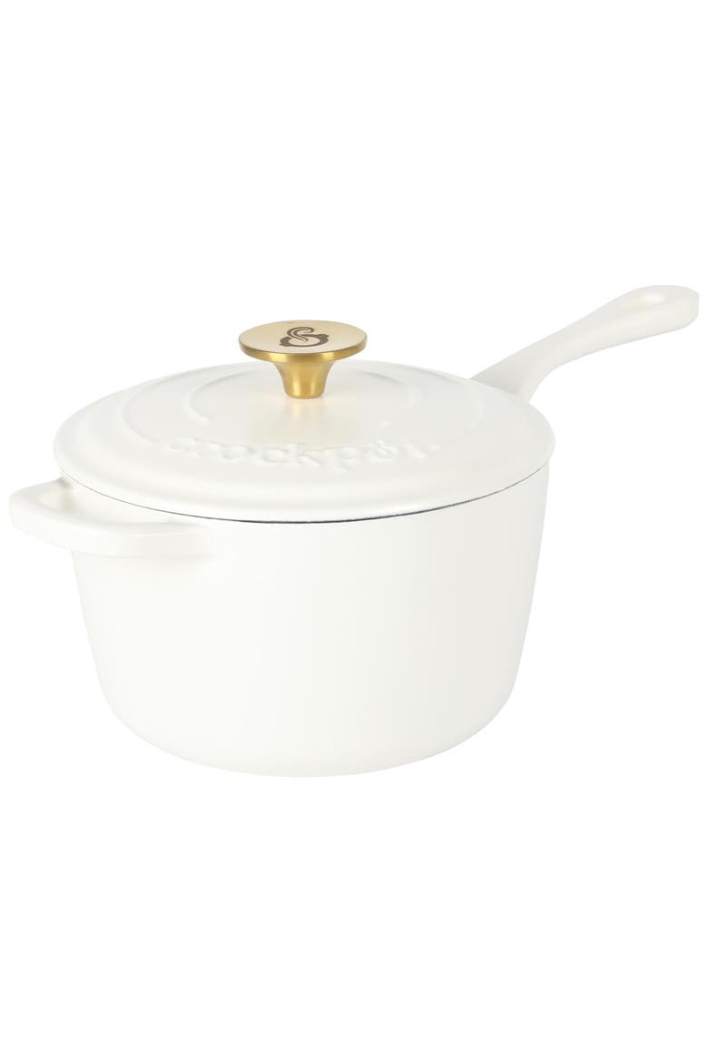 3 Quart Enameled Cast Iron Saucepan with Lid, Main, color, White