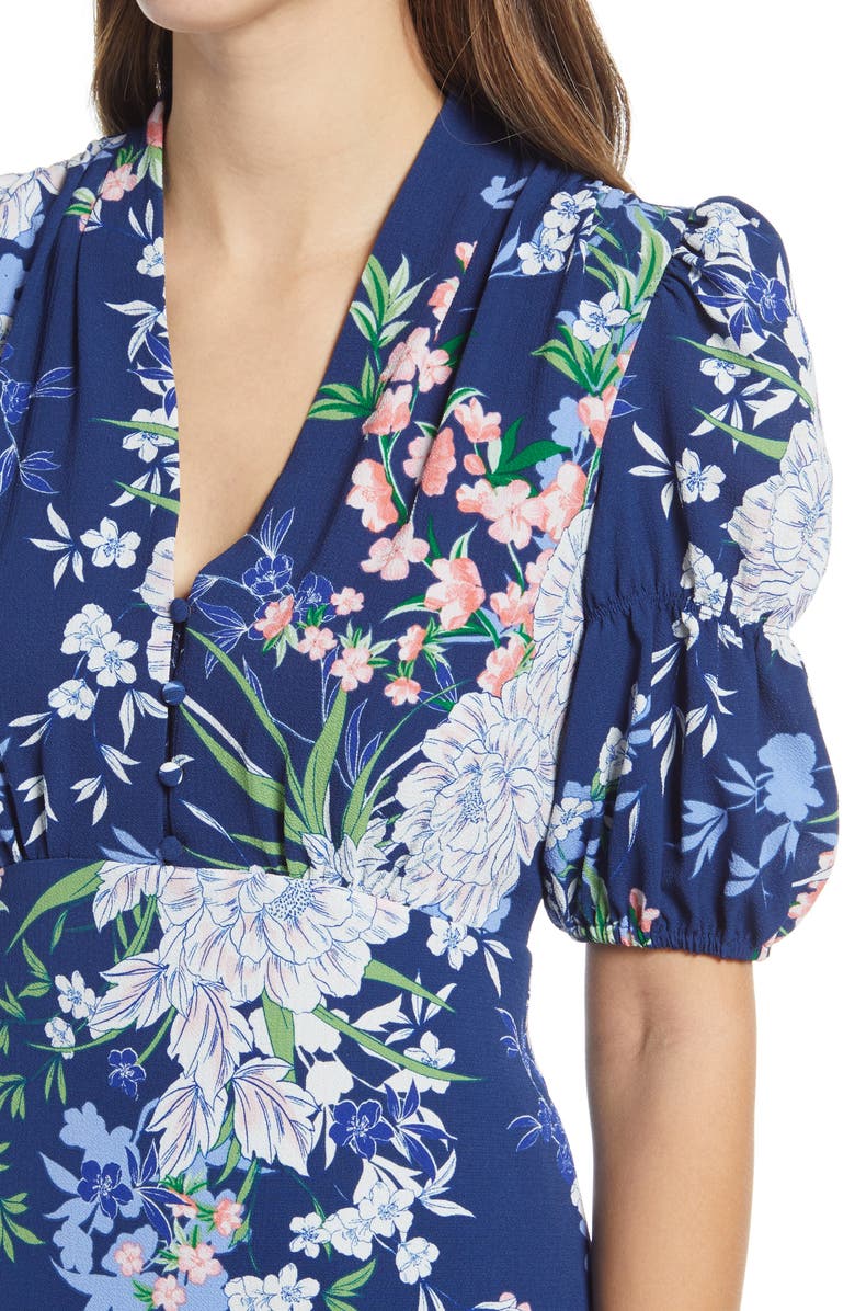 Vince Camuto Floral Puff Sleeve Pebble Crepe Midi Dress, Alternate, color, 