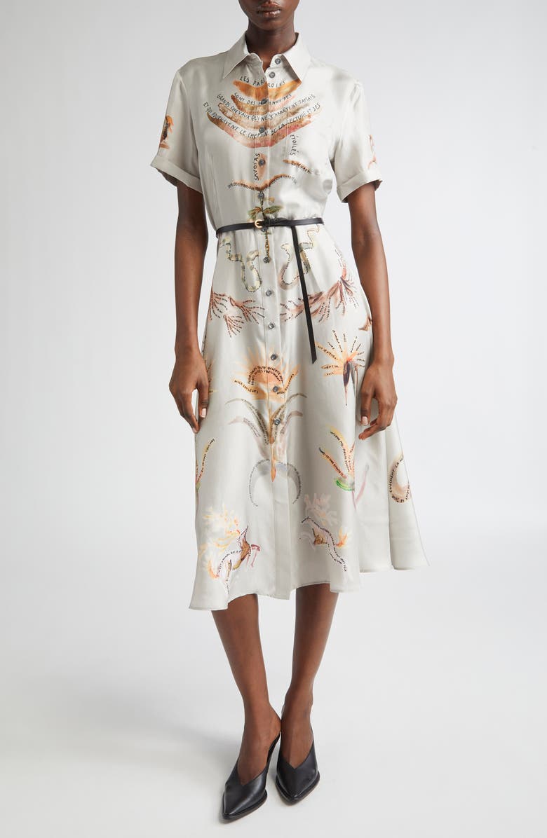 Altuzarra Kiera Figurative Tattoo Print Belted Silk Shirtdress, Main, color, Moonlight Figurative
