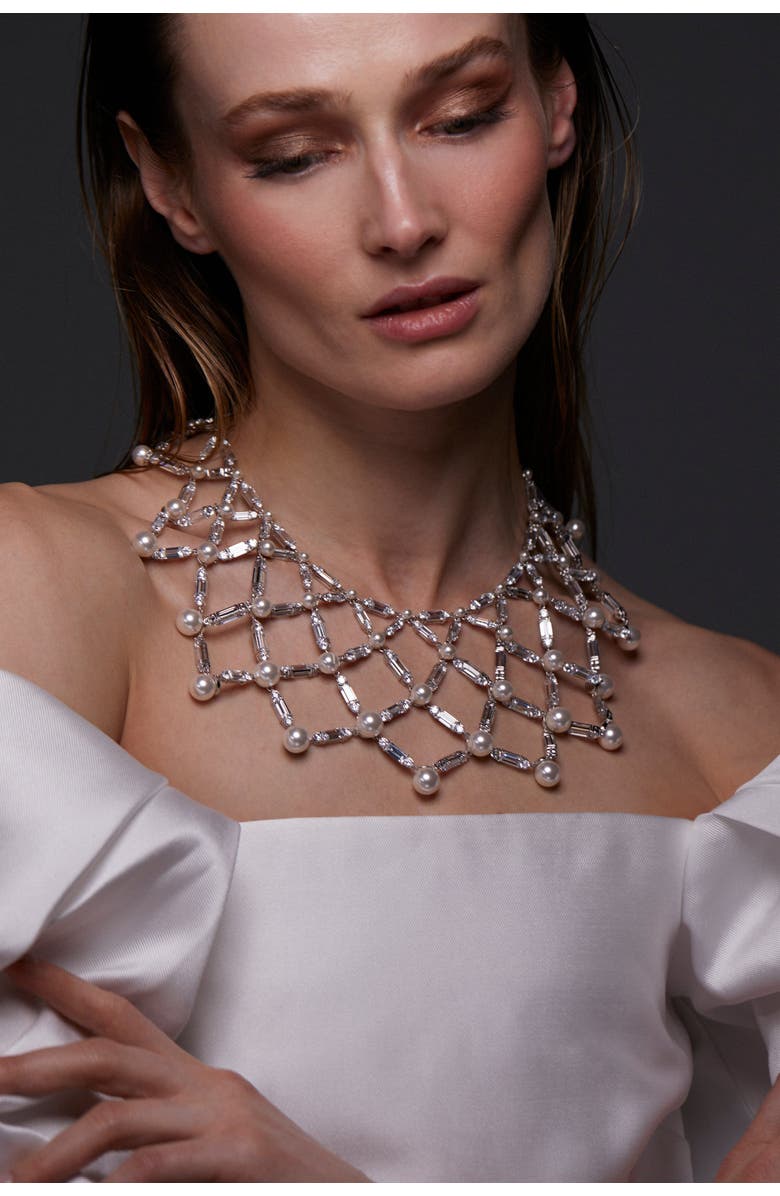 Nadri Ingrid CZ And Pearl XL Netting Necklace, Alternate, color, Rhodium