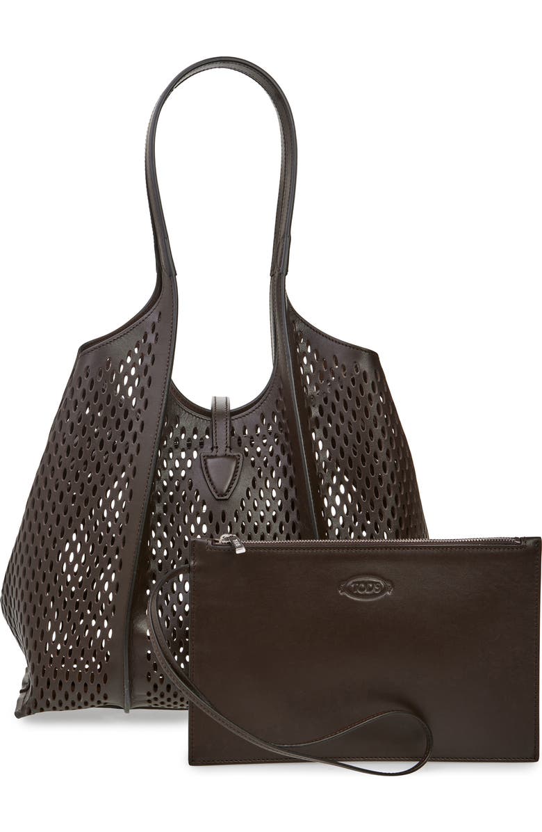 Tod's Small T Timeless Perforated Leather Shopper, Alternate, color, Marrone Africa