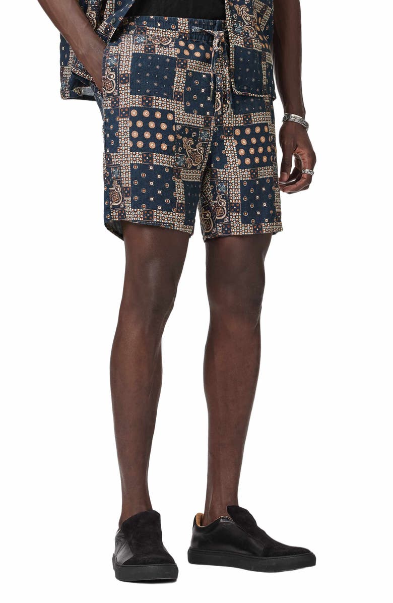 John Varvatos Daryl Patchwork Linen Drawstring Shorts, Main, color, Deep Blue