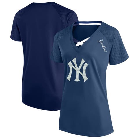 Women's Profile Navy New York Yankees Plus Size Glitter Raglan V-Neck T-Shirt