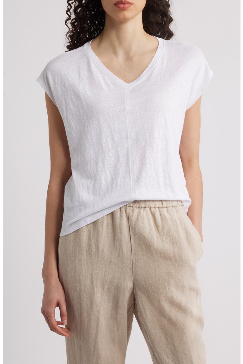 Boxy V-Neck Organic Linen T-Shirt, Main, color, WHITE
