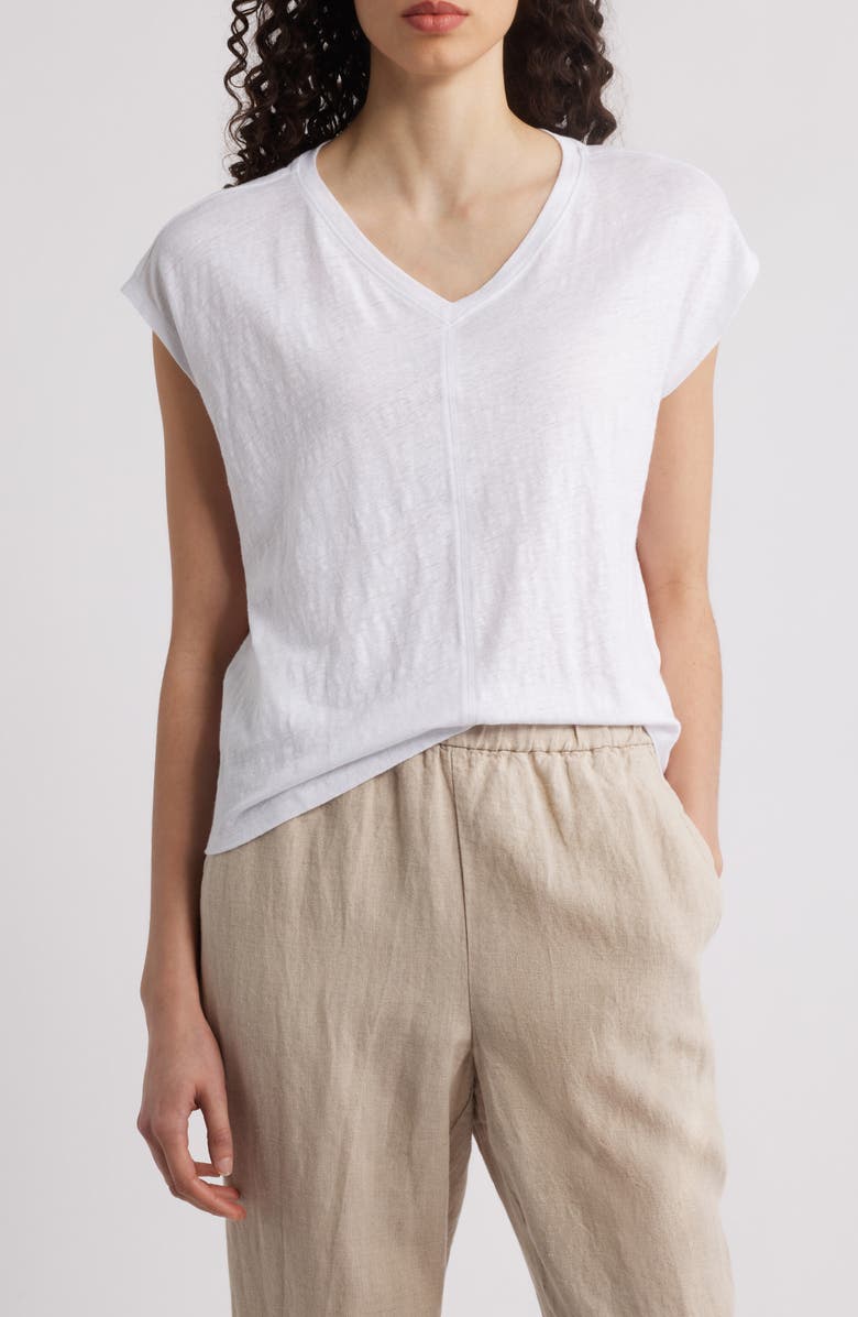 Eileen Fisher Boxy V-Neck Organic Linen T-Shirt, Main, color, White