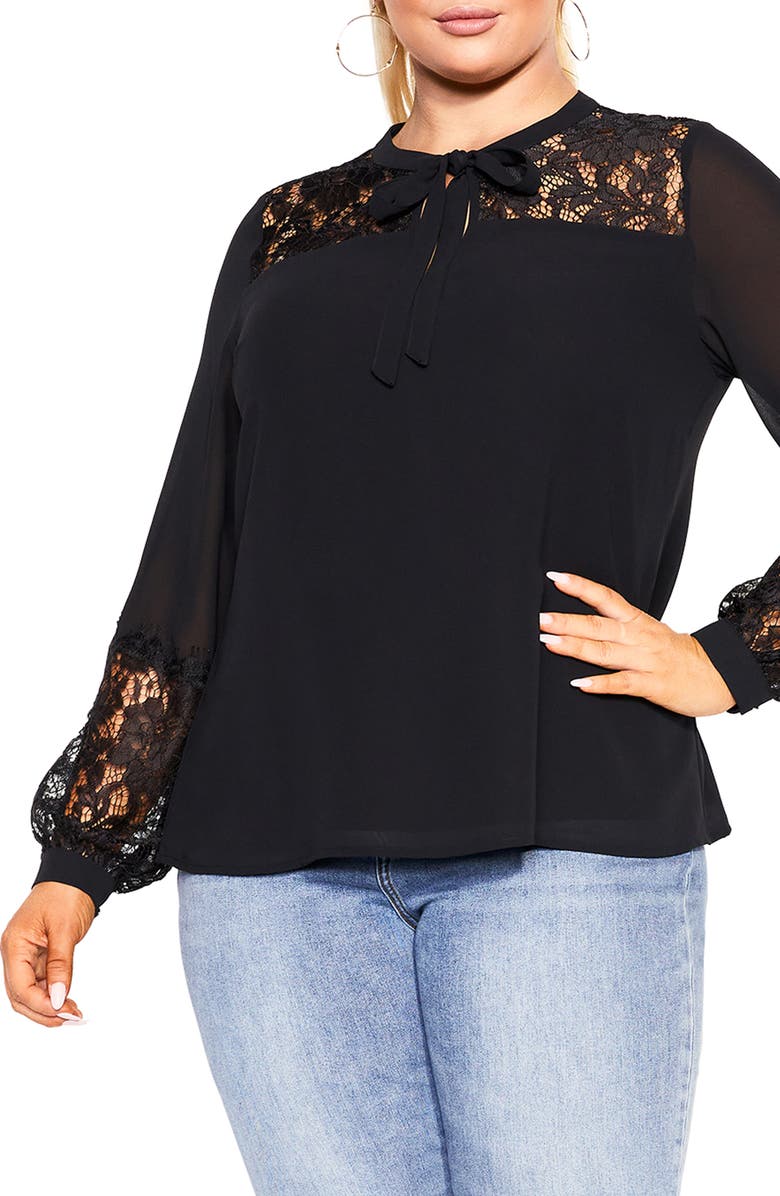 City Chic Mysterious Lace Trim Top, Main, color, 