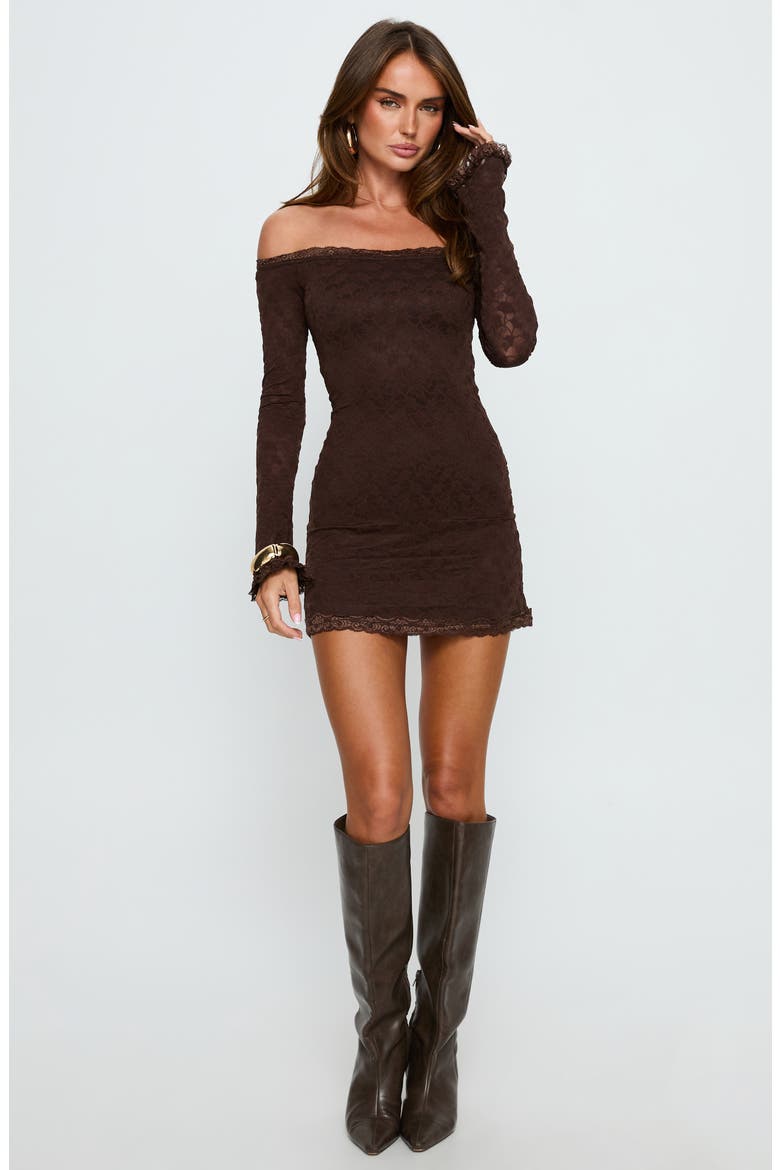 Avenues Off the Shoulder Long Sleeve Lace Minidress, Alternate, color, CHOCOLATE