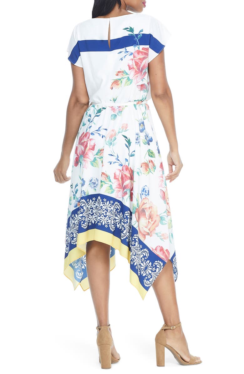 Maggy London Floral Border Print Handkerchief Hem Midi Dress, Alternate, color, 