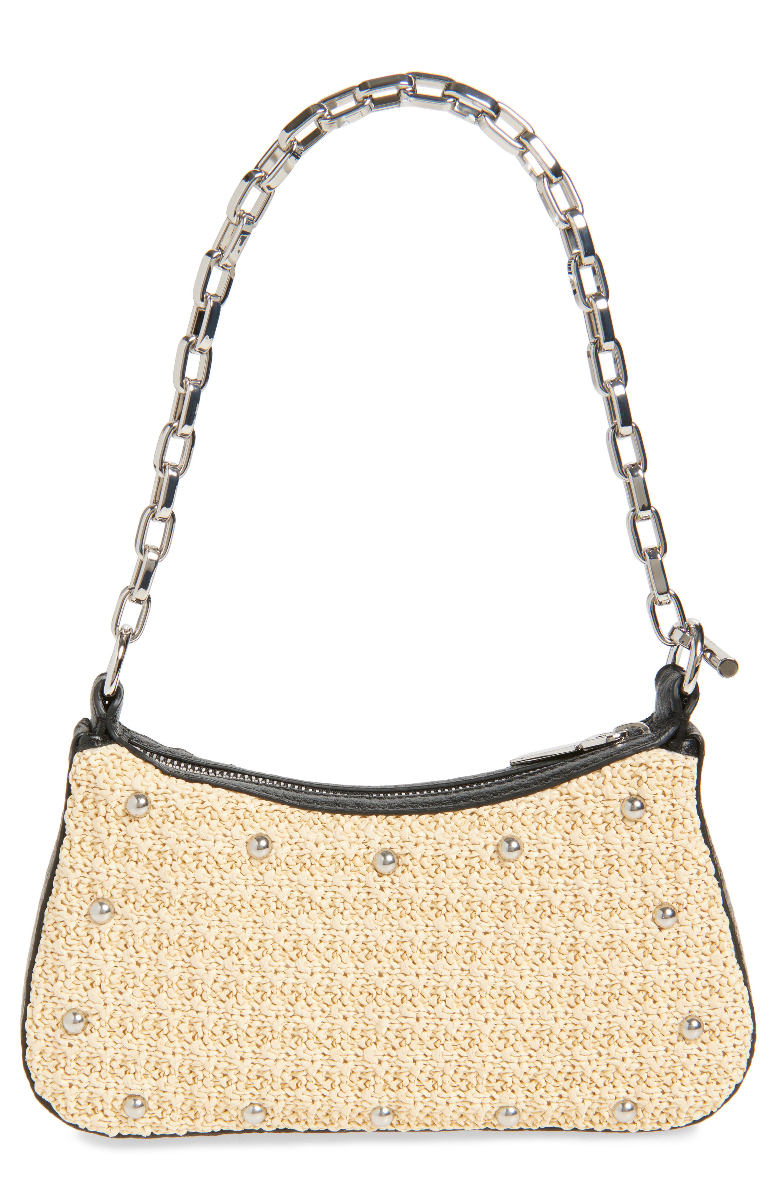 McQueen Mini T-Bar Studded Faux Raffia Pouch, Alternate, color, Natural/ Black/ Silver