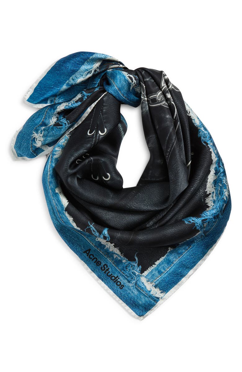 Acne Studios Vasco Denim Skeleton Trompe l'Oeil Silk Scarf, Alternate, color, Black/ Blue