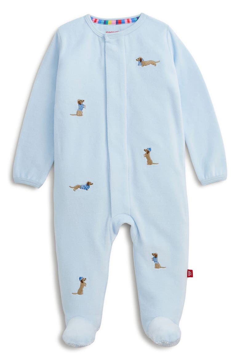 Embroidered Dogs Blue Velour Magnetic Closure Footie, Alternate, color, EDOGB