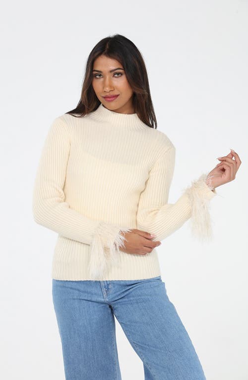 Rain And Rose Faux Feather Cuff Ribbed Sweater In White