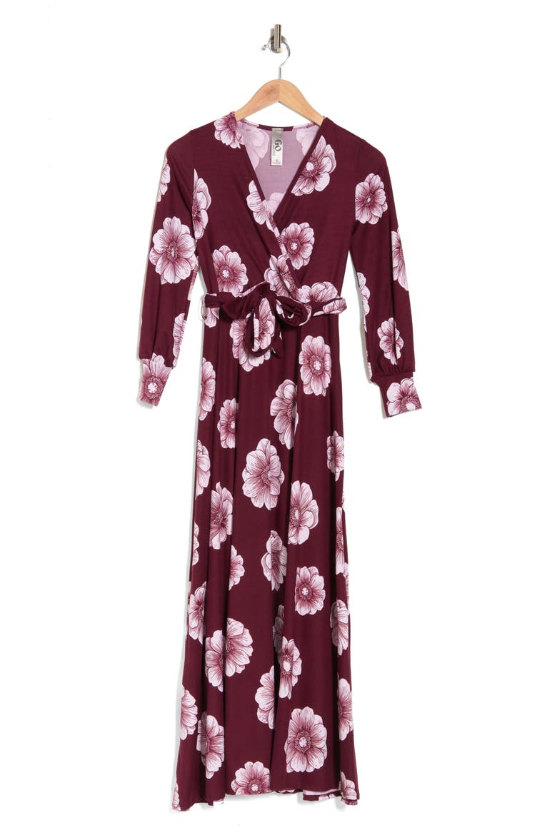 Long Sleeve Maxi Wrap Dress, Alternate, color, BURGUNDY BOUQUET