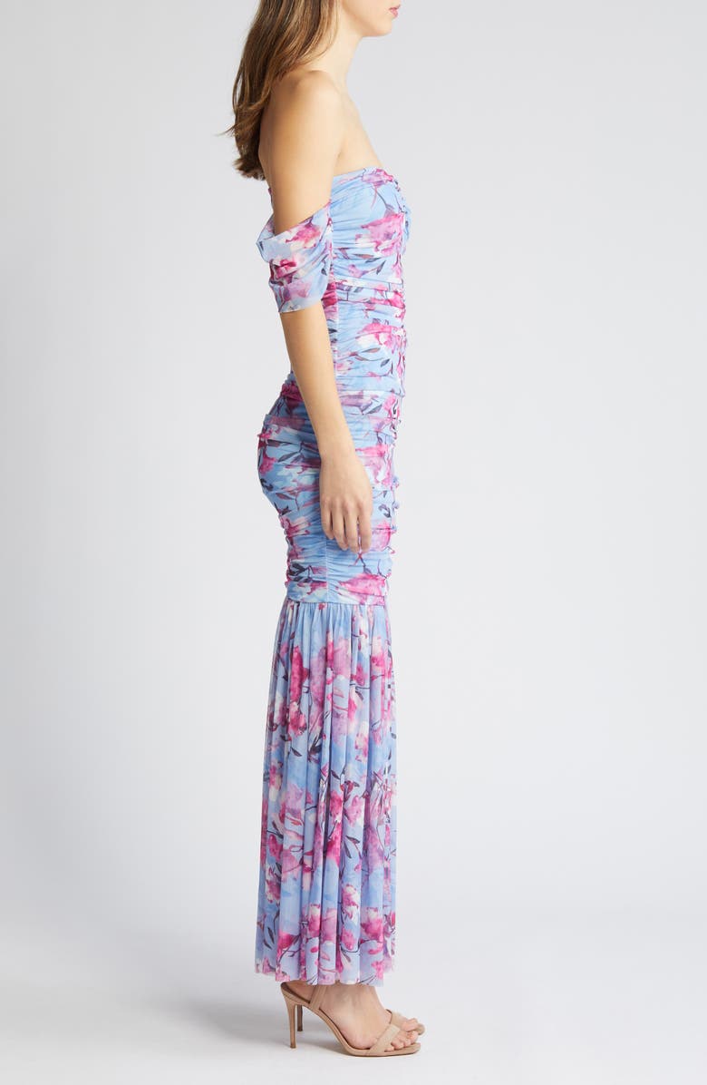 bebe Floral Ruched Off the Shoulder Mesh Gown, Alternate, color,