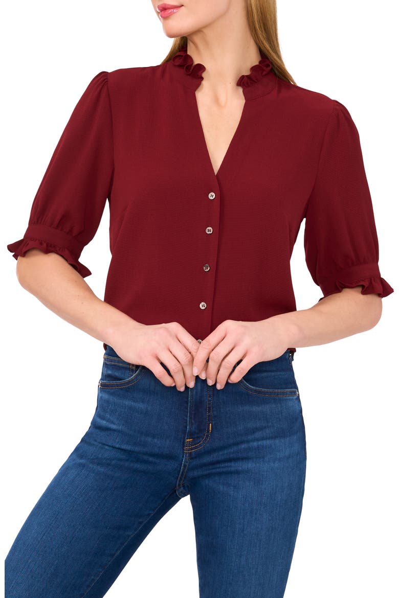 V-Neck Button-Up Shirt, Main, color, CLARET RED