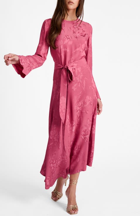 Rachel Long Sleeve Asymmetric Midi Dress in Floral Jacquard