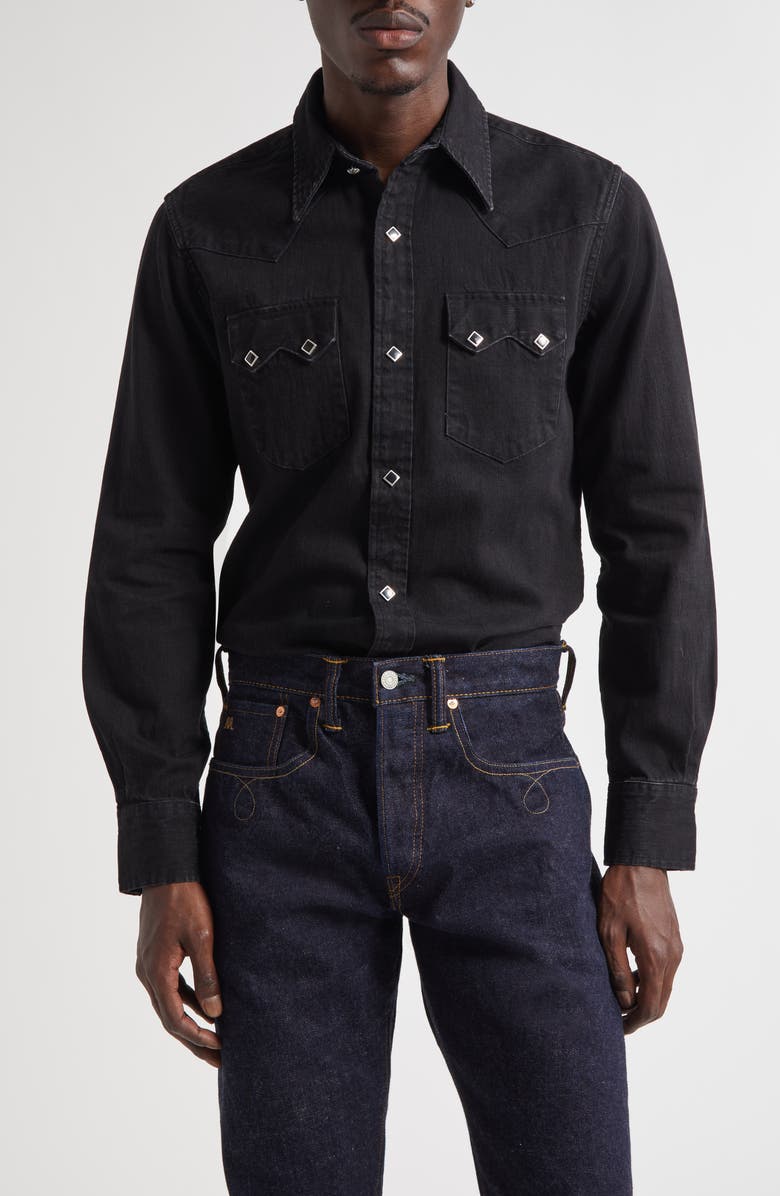 Double RL Slim Fit Denim Western Snap-Up Shirt, Main, color, Black