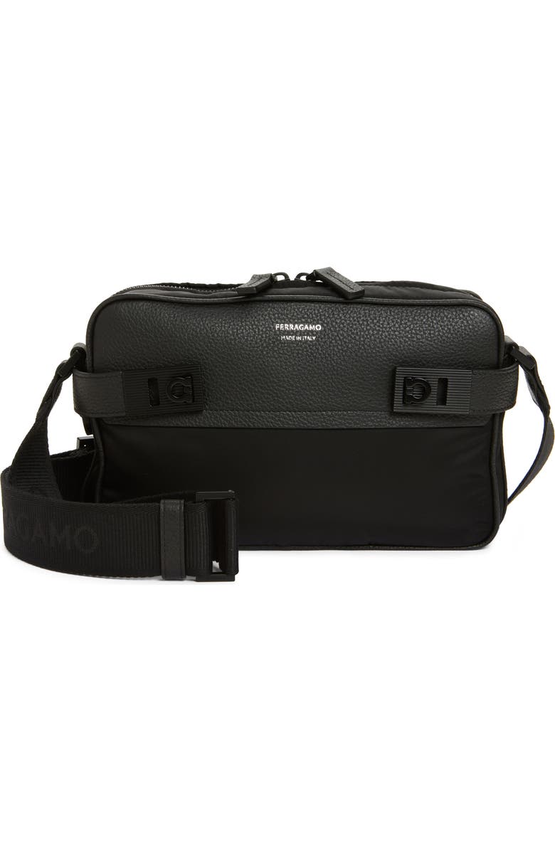 FERRAGAMO Twins Mixed Media Leather & Nylon Shoulder Bag, Main, color, Nero