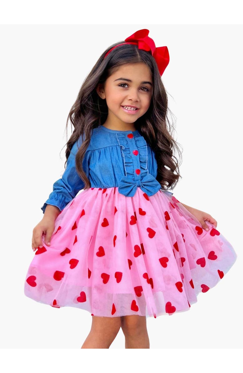 Mia Belle Girls Twirl Into My Heart Chambray Tutu Dress, Main, color, Red