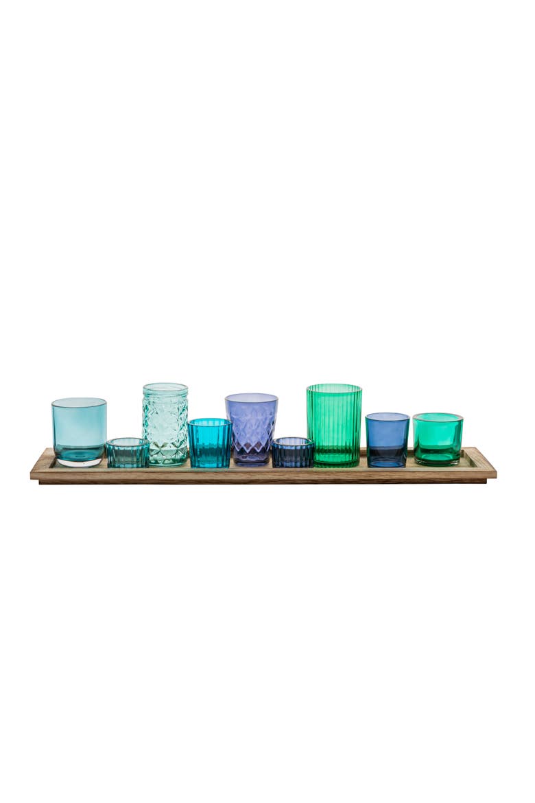 Wood Tray with 9 Blue & Green Glass Votive Holders, Set of 10, Alternate, color, Blue