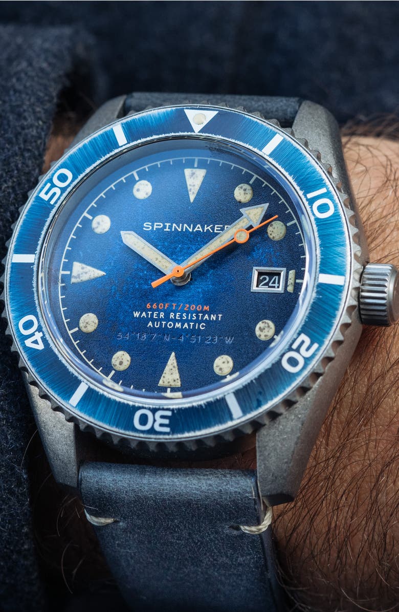 SPINNAKER Wreck Automatic Leather Strap Watch, 44mm, Alternate, color, Blue
