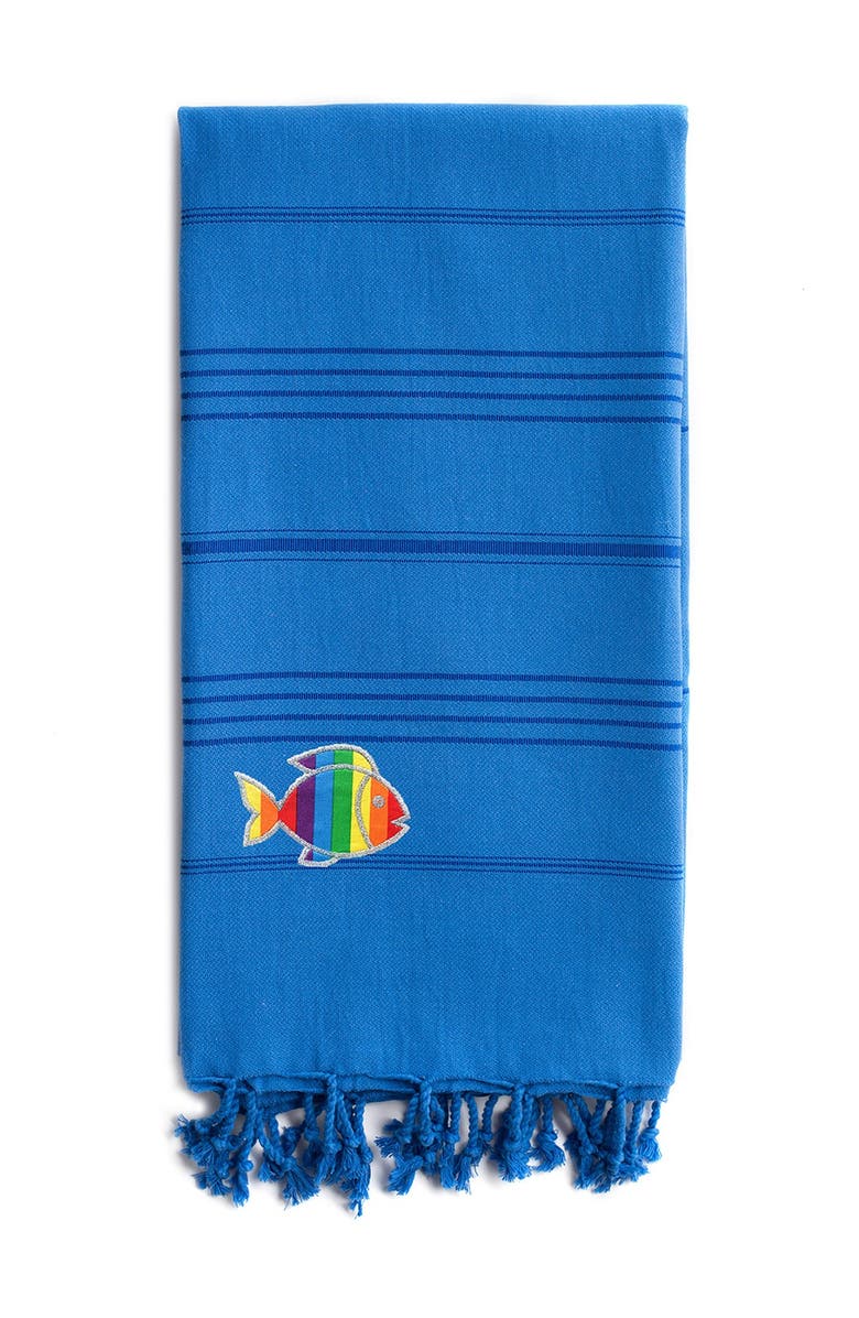 Linum Home Textiles 100% Turkish Cotton Summer Fun Sparkling Rainbow Fish Pestemal Beach Towel - Royal Blue, Main, color, 