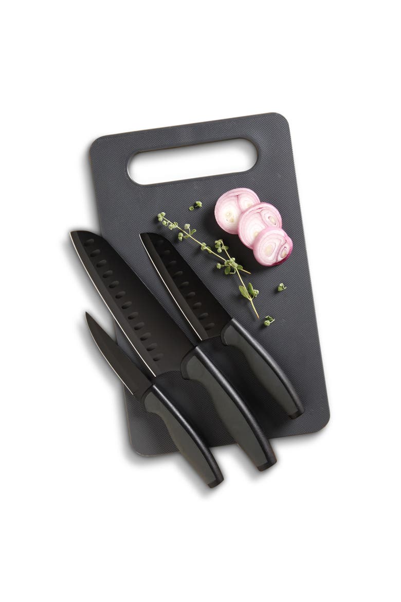 4 Piece Cutlery Knife Set with Cutting Board, Alternate, color, Black