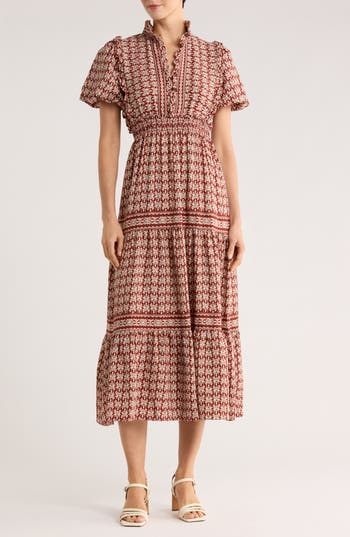 Max Studio Ruffle Bubble Sleeve Tiered Maxi Dress In Burgundy
