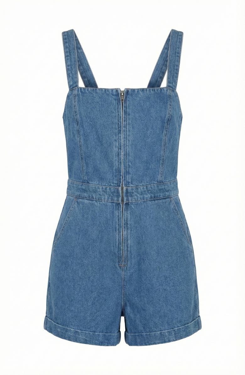 Modenaire Denim Front Zip Pocket Romper, Alternate, color, Medium Wash Blue