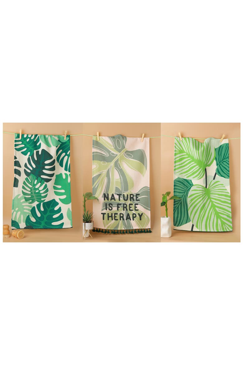 Nature Is Free Therapy Set of 3 Kitchen Towels, Alternate, color, EMERALD GREEN/ SAGE