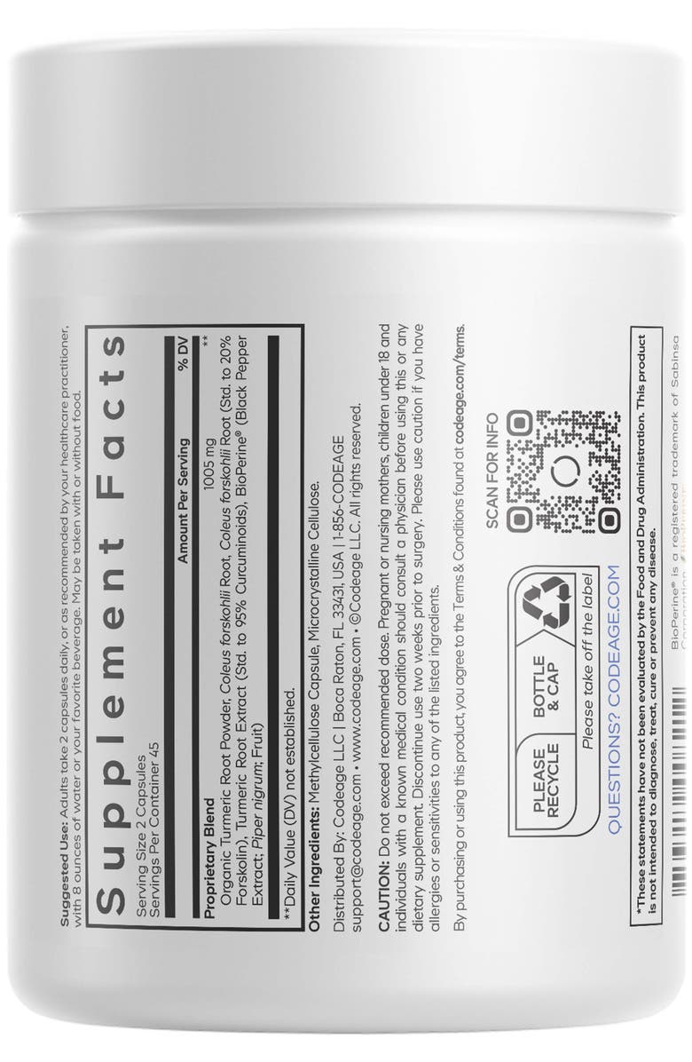 Codeage Forskolin Turmeric Supplement + Turmeric & Black Pepper, Alternate, color, White