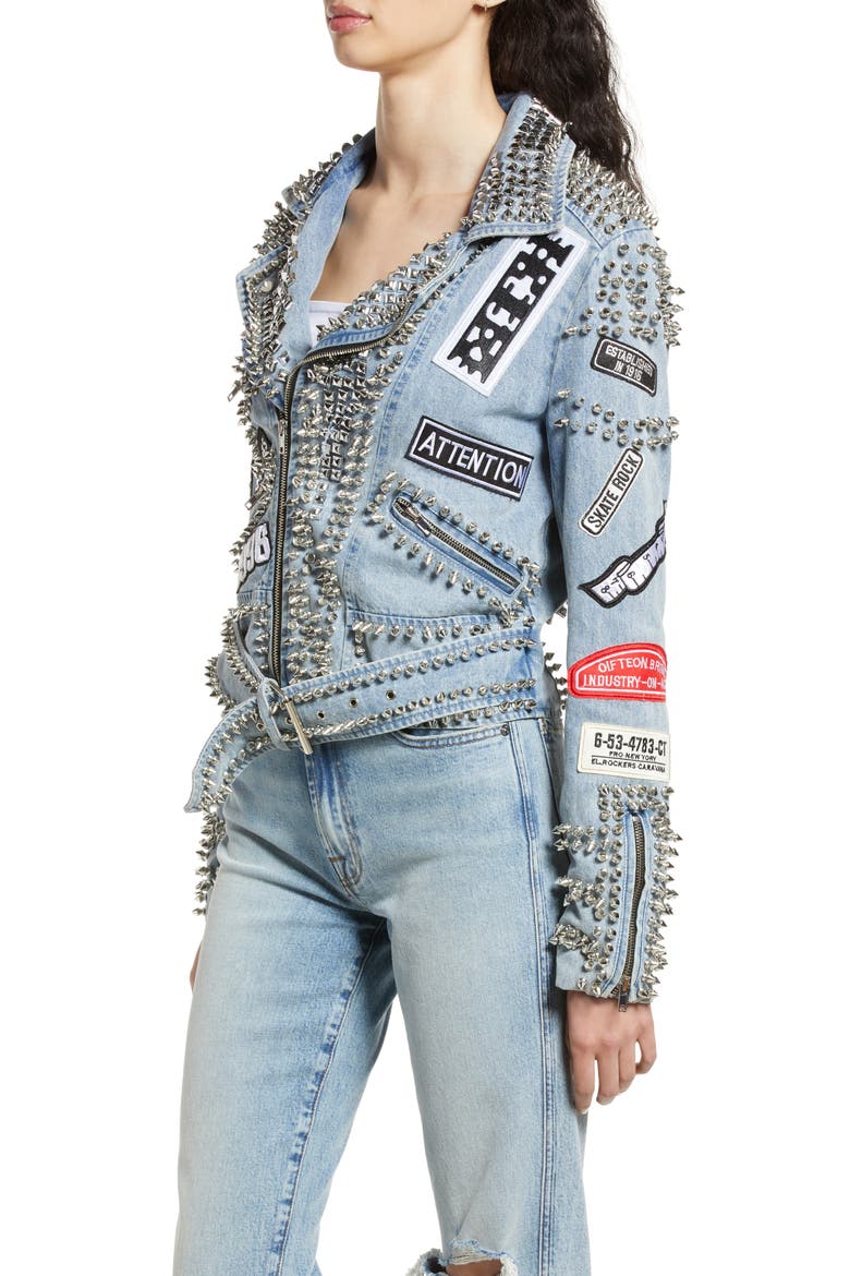 Spike Patch Embellished Belted Denim Moto Jacket, Alternate, color, BLUE