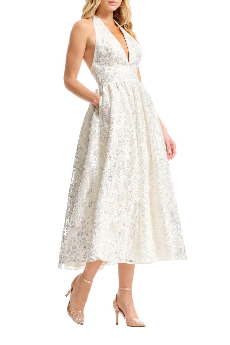 Christina Sequin Floral Cocktail Midi Dress, Alternate, color, OFF WHITE