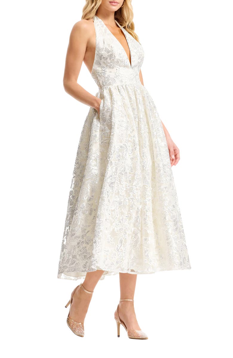 Dress the Population Christina Sequin Floral Cocktail Midi Dress, Alternate, color, Off White