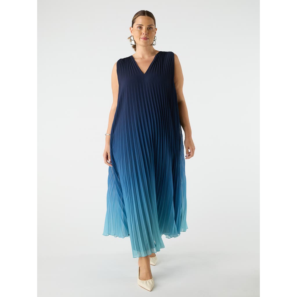 Live Unlimited Ombre Pleated V-neck Dress In Blue