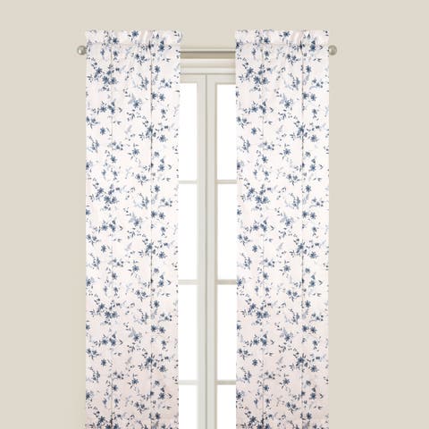 Blue Floral Toile Cotton Window Curtain Drapery Single Panel